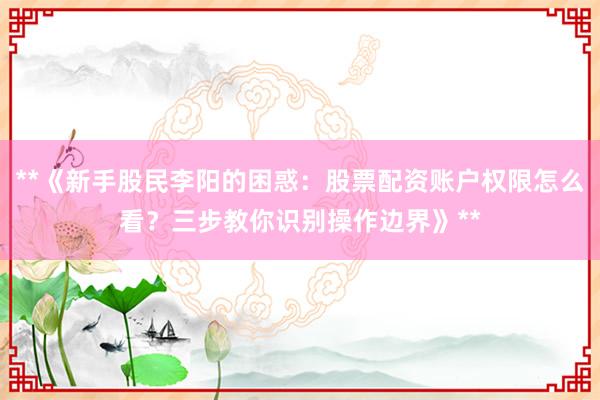 **《新手股民李阳的困惑：股票配资账户权限怎么看？三步教你识别操作边界》**